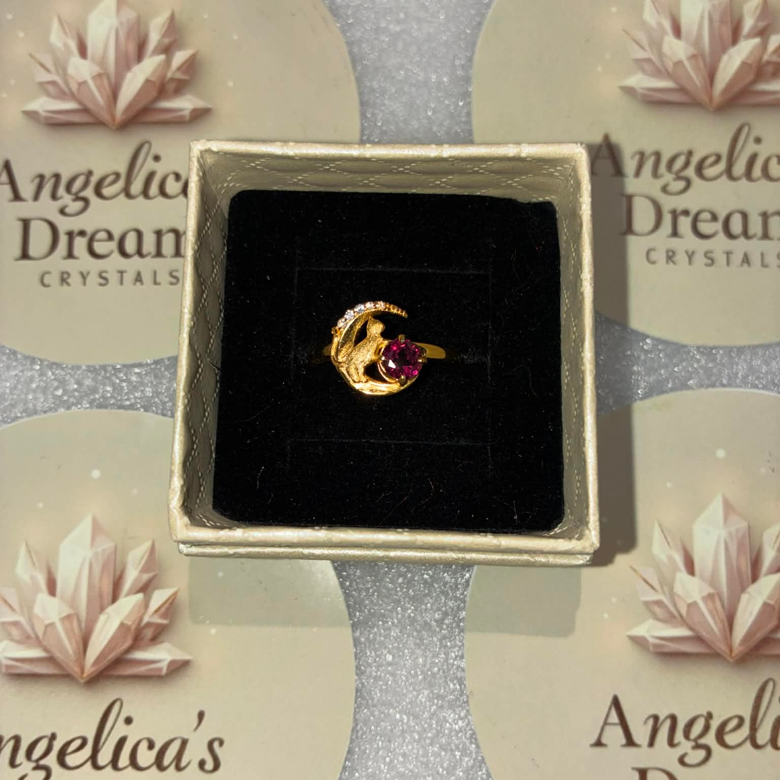 Garnet Cat & Moon Adjustable Sterling Silver Ring